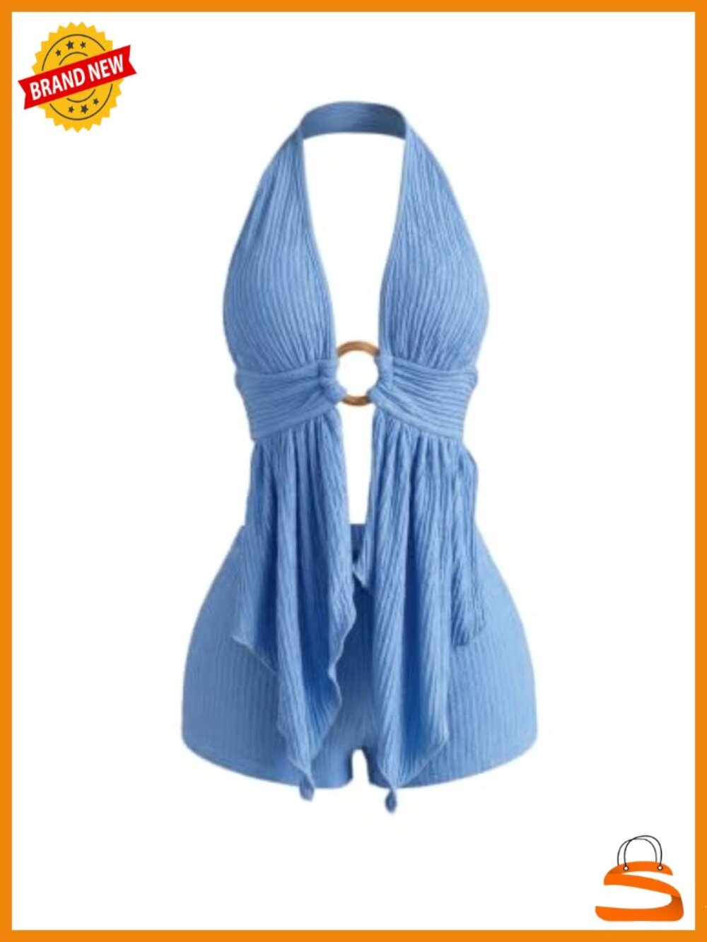 Textured Split Hem Flowy Halter Tank Top & Mini Short Set Vacation Outfit